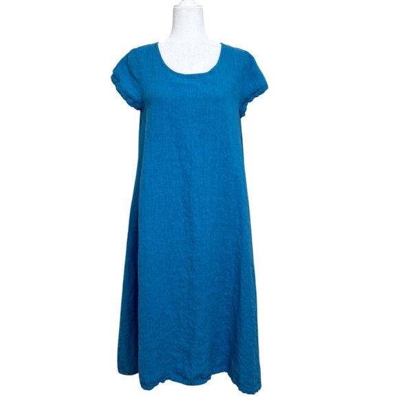 bryn Walker Dresses & Skirts - Bryn Walker Blue Linen Midi Dress Short Sleeve Lagenlook USA Womens Size XXS